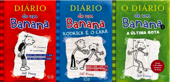 Capas dos 3 livros da série Diário de um Banana, de Jeff Kinney, mostra o personagem da história voando com uma vassoura entre as pernas. O livro está entre os 10 clássicos da literatura infantil que marcaram época, nas últimas dez décadas