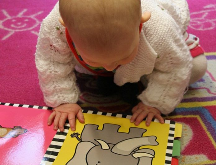 Bebê observa página de livro emborrachada que mostra elefante cinza. Desde muito cedo é importante apresentar os livros às crianças para que se familiarizem com a leitura.