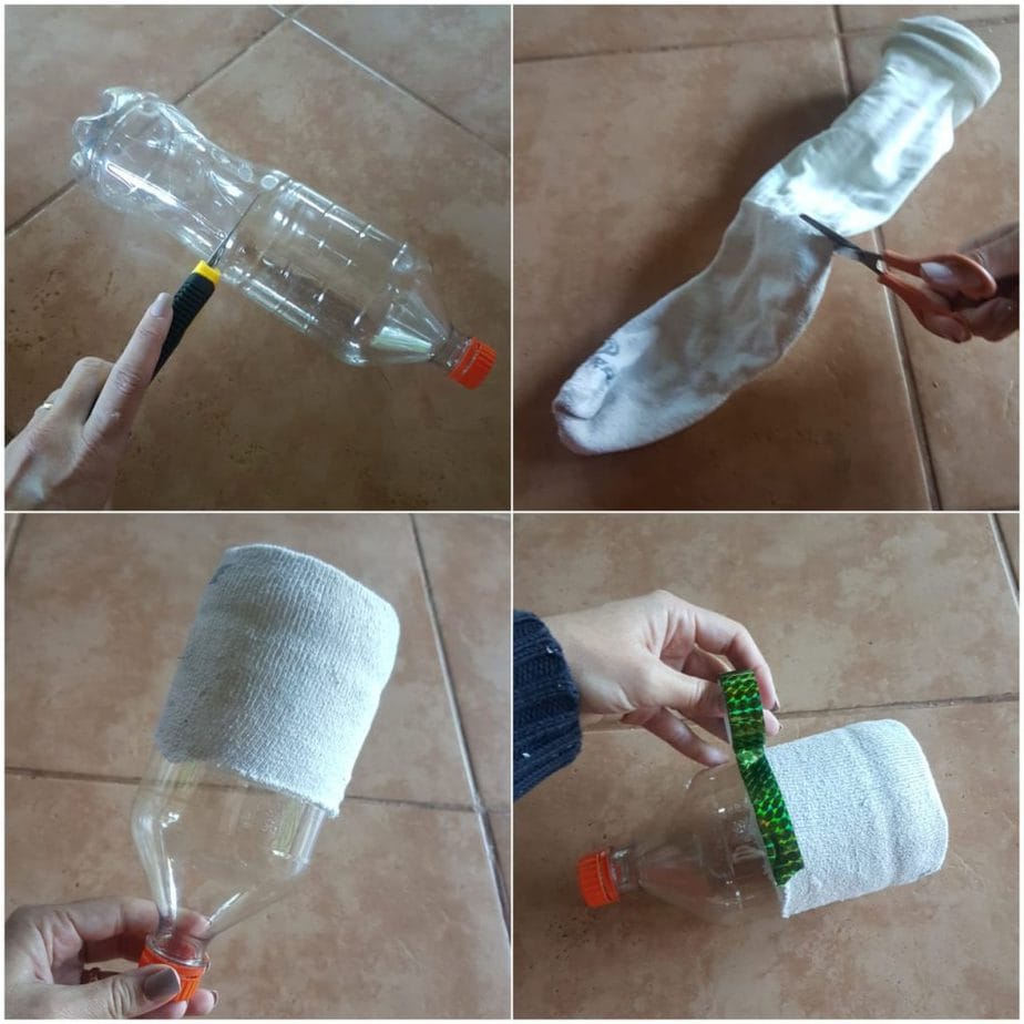 Passo a passo para fazer o brinquedo reciclado: corte a garrafa pet ao meio, coloque uma meia na abertura da garrafa e fixe-a com uma fita adesiva.
