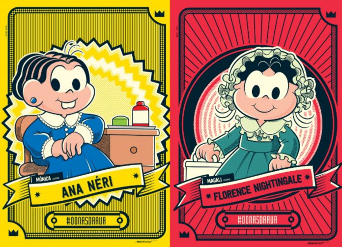 Montagem mostra imagens postadas pela Turma da Mônica em redes sociais para celebrar o Dia do Enfermeiro: na esquerda, Mônica representa Ana Néri; na direita, Magali representa Florence Nightingale.