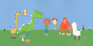 Animação Pablo, que pode ser vista nesta imagem em que ele aparece junto aos amigos, um macaco e um dinossauro, entre eles, estreia segunda temporada no dia 18 de maio.