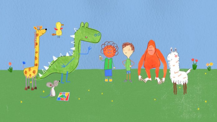 Animação Pablo, que pode ser vista nesta imagem em que ele aparece junto aos amigos, um macaco e um dinossauro, entre eles, estreia segunda temporada no dia 18 de maio.