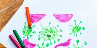 Reabertura de escolas pode ocorrer em junho segundo Sieeesp. Imagem mostra desenho infantil do coronavírus