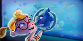 Cena de animação mostra menina olhando um aquário que tem um tubarão enorme. Esse é um dos filmes infantis que fazem parte do Takorama - Festival Internacional de Filmes para Crianças