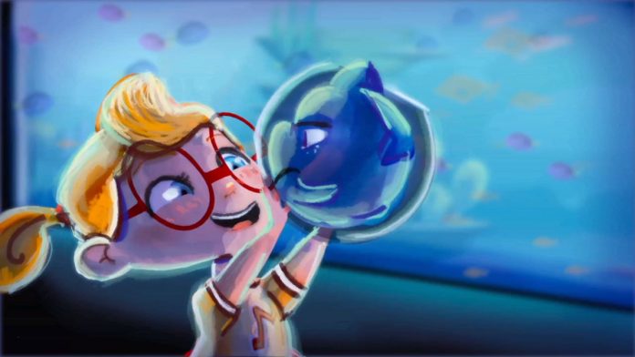 Cena de animação mostra menina olhando um aquário que tem um tubarão enorme. Esse é um dos filmes infantis que fazem parte do Takorama - Festival Internacional de Filmes para Crianças
