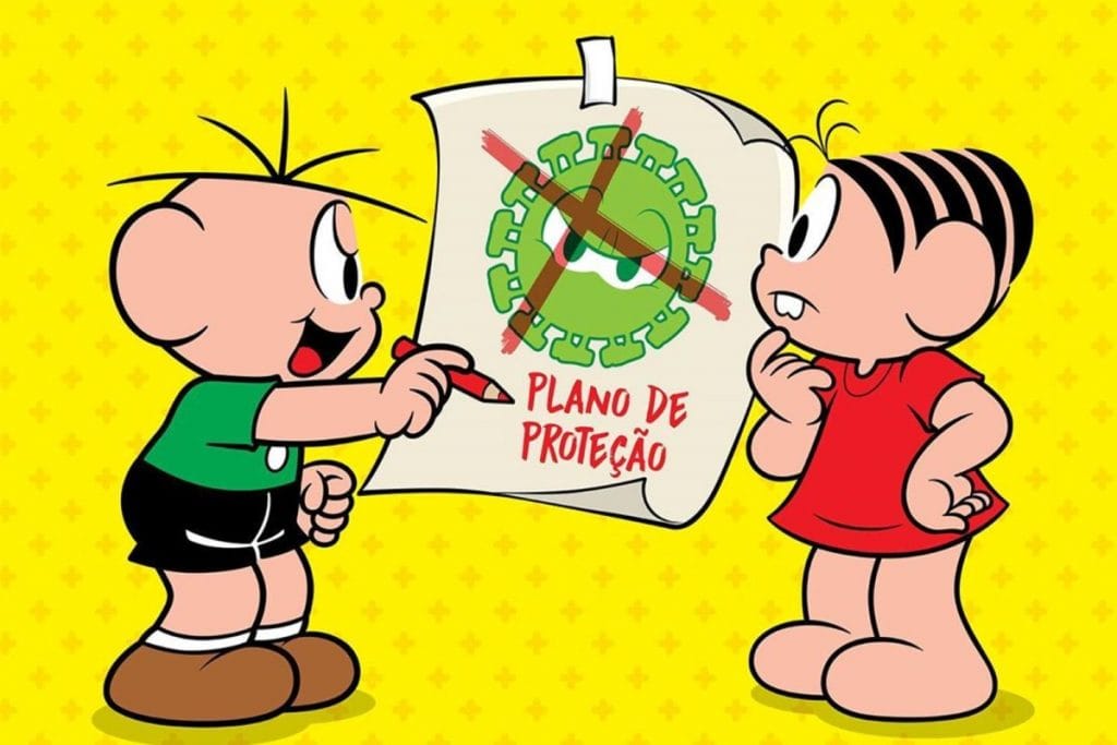 Personagens da Turma da Mônica Cebolinha e Mônica olham para cartaz com uma representação do coronavírus riscada por um X vermelho.