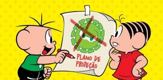 Personagens da Turma da Mônica Cebolinha e Mônica olham para cartaz com uma representação do coronavírus riscada por um X vermelho.