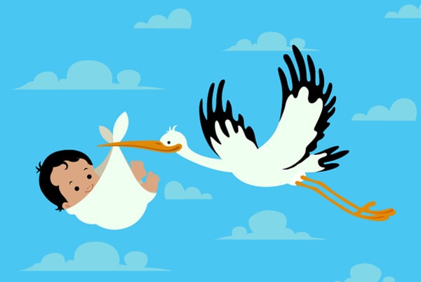 Ilustração mostra cegonha carregando um bebê pelo céu, numa referência a uma das mentiras que os pais contam às crianças para explicam de onde eles surgiram