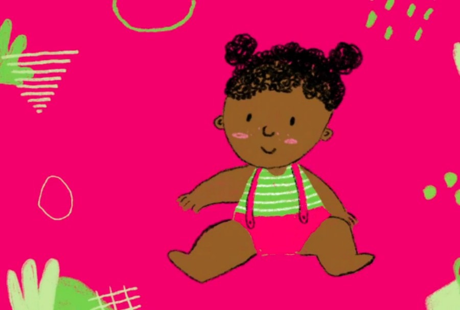 4 livros digitais sobre marcos motores nos bebês e sua relação com certas doenças raras; imagem de fundo rosa mostra bebê de cabelo preto sentada