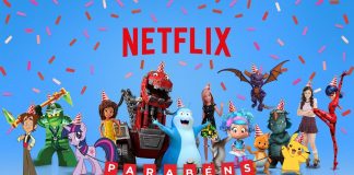 Personagens infantis com uma faixa de parabéns, ilustrando matéria sobre vídeos de feliz aniversário da Netflix.