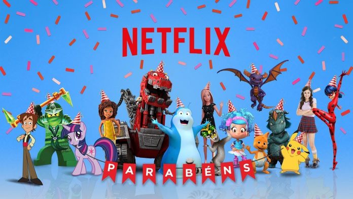 Personagens infantis com uma faixa de parabéns, ilustrando matéria sobre vídeos de feliz aniversário da Netflix.