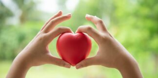 5 mitos sobre cardiopatias congênitas nas crianças; imagem mostra mãos de uma criança fazendo o formato de um coração e segurando um coração vermelho