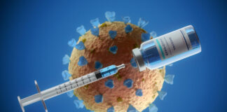 A vacina contra Covid-19 para crianças não deve chegar antes de 2021; imagem mostra desenho microscópico do coronavírus, uma seringa e a ampola da vacina contra a Covid-19
