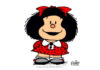 Mafalda em 10 tirinhas: conversas irreverentes do personagem com seus pais; ilustração de Quino mostra Mafalda sorridente de vestido e laço no cabelo vermelho