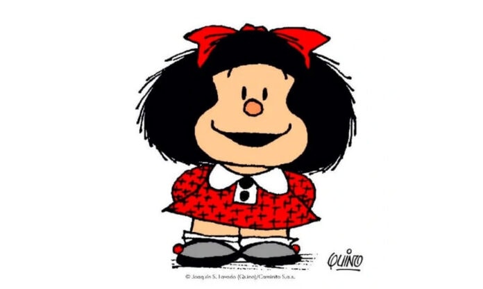Mafalda em 10 tirinhas: conversas irreverentes do personagem com seus pais; ilustração de Quino mostra Mafalda sorridente de vestido e laço no cabelo vermelho