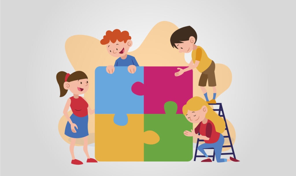 Identidade de gênero: por que escolas têm de discutir esse assunto; ilustração mostra 4 crianças montando um quebra-cabeça em tamanho real