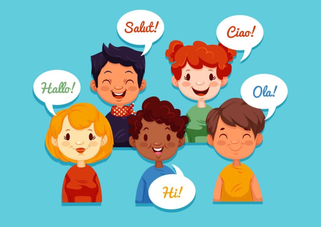 Educação bilingue: como os pais podem ajudar os filhos; ilustração mostra 5 pessoa,s entre meninas e meninos falando com balões que trazem a palavra 'olá' em vários idiomas
