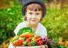 Obesidade infantil: pequenas ações que incentivam uma vida saudável; criança de chapéu em meio a uma plantação segura uma bandeja com vários legumes