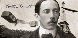 Renomado inventor brasileiro inspira espetáculo infantil; imagem de Santos Dumont com um avião e a Tore Eiffel ao fundo