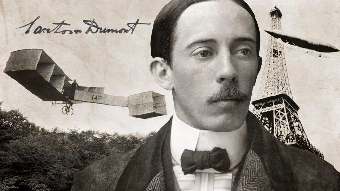 Renomado inventor brasileiro inspira espetáculo infantil; imagem de Santos Dumont com um avião e a Tore Eiffel ao fundo