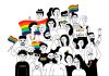 7 atitudes para evitar que seu filho seja homofóbico; ilustração mostra pessoas diversas em preto e branco e uma bandeira colorida com as cores do arco-íris