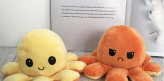 “Polvo do humor”: o brinquedo tendência que ajuda crianças a expressarem emoções; dois polvos do humor, um amarelo e feliz e outro laranja e bravo