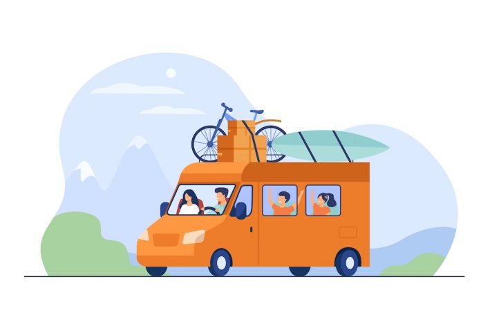 Você tem boas memórias das suas viagens de infância?; ilustração mostra van com família dentro e bicicleta, prancha de surfe e malas no alto do veículo