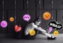 Adolescência e redes sociais; uma combinação explosiva; menina adolescente está sentada no chão com cabeça baixa e há vários emojis e ícones no ar
