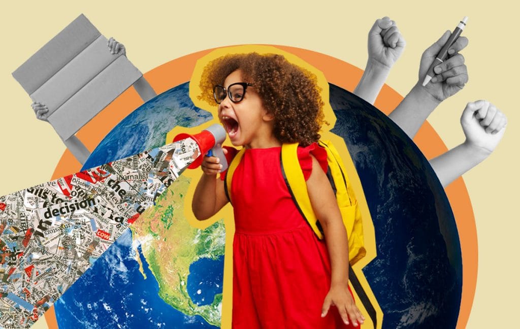 Ativismo infantil: as crianças devem se envolver com temas polêmicos?; colagem com criança com vestido vermelho, mochila amarela e óculos gritando em um megafone