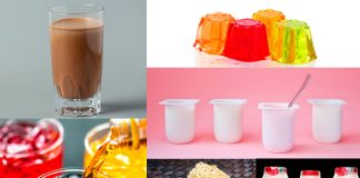 6 alimentos que não devemos oferecer às crianças; na imagem, se vê petit suisse, salsicha, refrigerante, macarrão instantâneo, leite fermentado e gelatina colorida