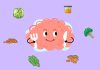 13 alimentos superpoderosos para a saúde das crianças; ilustração do cérebro com garfo e faca na mão olhando para comidas ao seu redor