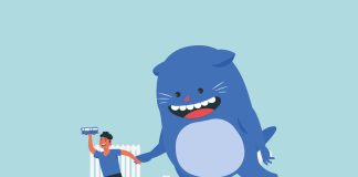 Amigos imaginários: este tipo de companhia é saudável para as crianças?; ilustração de criança correndo segurando a mão de seu amigo imaginário, que é uma criatura grande azul semelhante a um gato