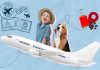 Colagem de criança e cachorro em viagem com pets em um avião.