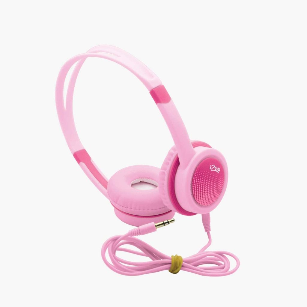 Children's headphones with cord and flexible bow in pink