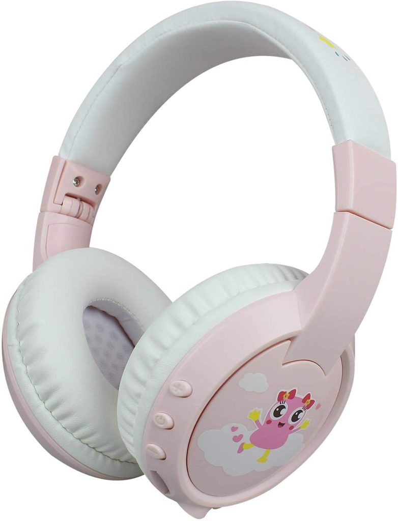 Children's headphone with folding stem, in white and pink, with print