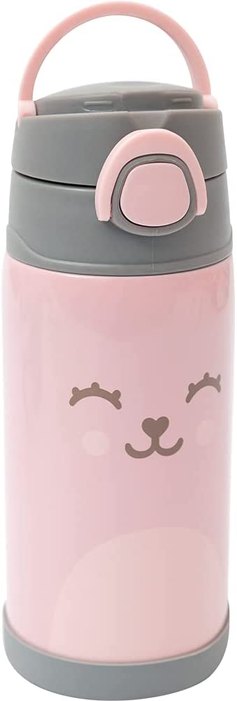 Garrafa térmica estampada da marca Buba, na cor rosa claro com detalhes em cinza