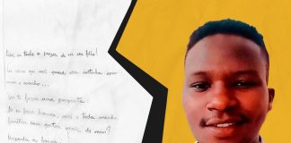 Imagem mostra carta escrita por Guilherme, de 9 anos, ao lado de um retrato de Moïse sorrindo