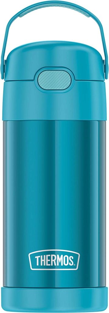 Garrafa térmica azul-petróleo com canudo, da marca Thermos, uma das opções de garrafas térmicas infantis
