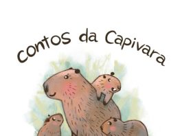 Desenho de uma família de 4 capivaras e texto "Contos da Capivara" escrito em cima.
