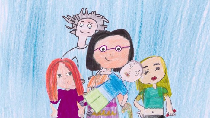 Desenho representa cinco integrantes de uma família imigrante