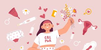 Ilustração de menina com várias referências à educação menstrual