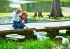 Crianças brincam com patos em lago no parque