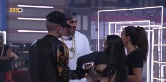 Reprodução de cena do Big Brother Brasil (BBB), exibido na Globo, com Cara de Sapato, MC Guimê e Dânia Mendez