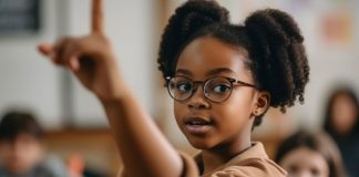 Menina negra com idade pré-escolar de óculos levanta a mão em sala de aula