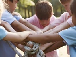 Crianças têm as mãos sobre corda que puxam juntas