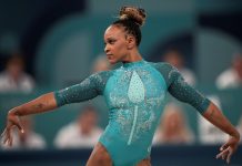 A ginasta Rebeca Andrade durante apresentação nos Jogos Olímpicos de Paris