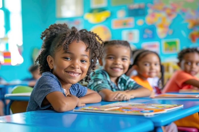 Crianças negras sorridentes sentadas em sala de aula