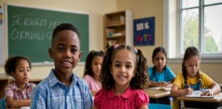 Crianças diversas em sala de aula