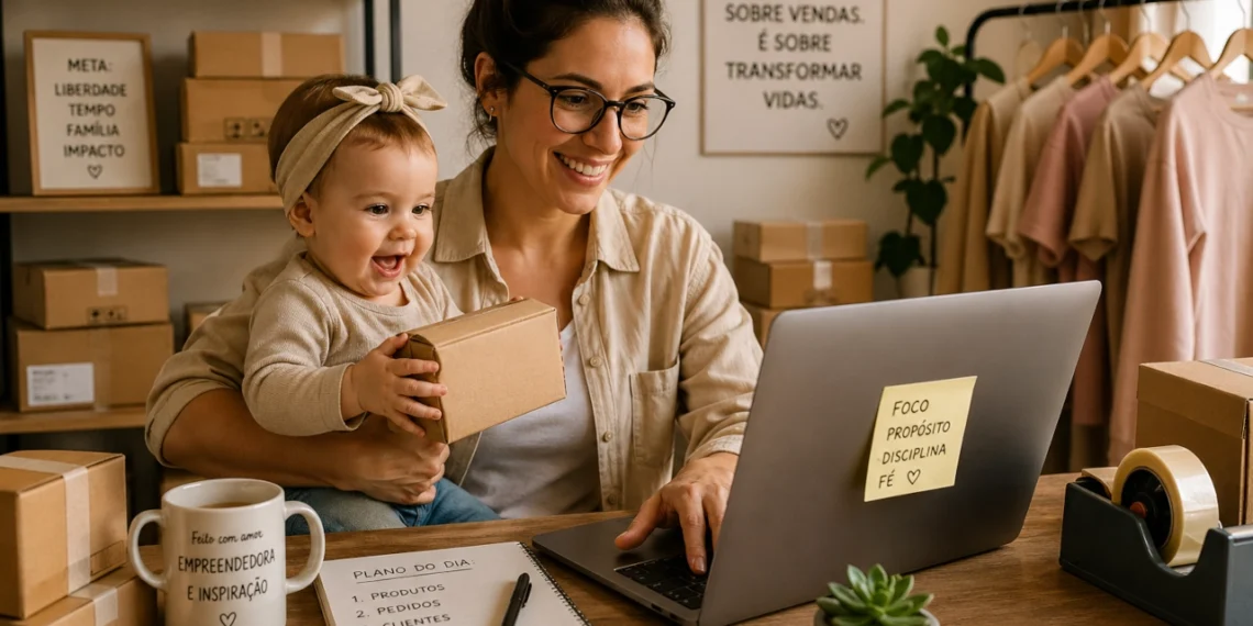 Mãe empreendedora gerenciando loja virtual com filho ao lado em ambiente de e-commerce doméstico