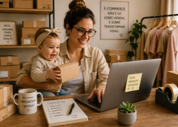 Mãe empreendedora gerenciando loja virtual com filho ao lado em ambiente de e-commerce doméstico
